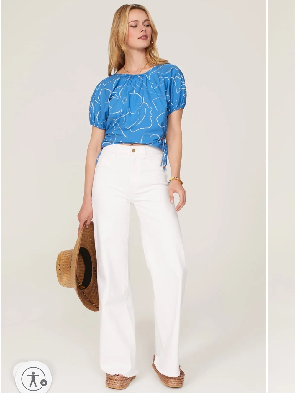Madewell Signature Poplin Puff Sleeve Cut Out Blouse Abstract Blue Floral Small